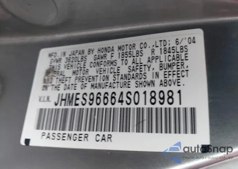 2004 Honda Civic Hybrid from USA, damaged, VIN JHMES96664S018981